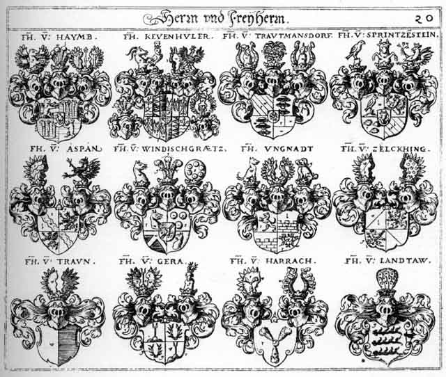Coats of arms of Aspaen FH, Haimb FH, Harrach FH, Haymb FH, Heime FH, Kevenhüler FH, Landtau FH, Sprintzenstein FH, Traun FH, Trautmansdorff FH, Ungnad FH, Windischgrätz FH, Zelckhing FH