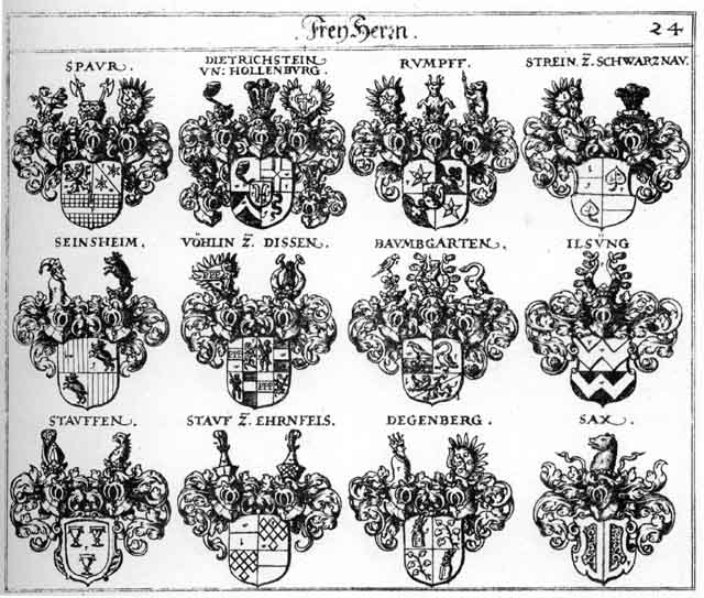 Coats of arms of Baumgarten FH, Degenberg FH, Dietrichstein FH, Ilsung FH, Rumpf FH, Sachs FH, Sax FH, Seinshelm FH, Spauer FH, Strein F H