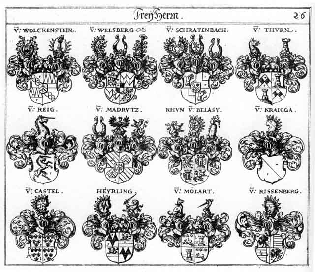 Coats of arms of Castel FH, Castl FH, Heyrling FH, Kraigga FH, Madrutz FH, Moelart FH, Reig FH, Ressenberg FH, Schrattenbach FH, Thurn FH, Weinsperg, Welsperg FH, Wolckenstein FH