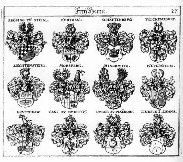 Coats of arms of Gans FH, Kurtzen FH, Lichtenstein FH, Liechtenstain FH, Lindeck FH, Minckwitz FH, Moersberg FH, Mörsberg FH, Pietersheim FH, Pruschkaw FH, Schafftenberg FH, Volckensdorf FH