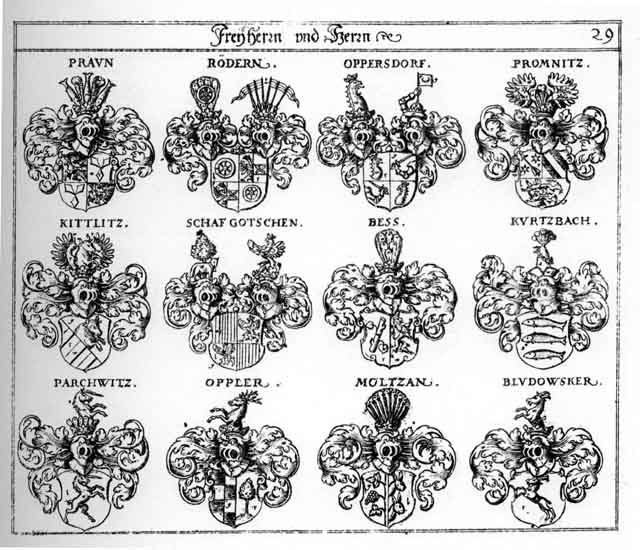 Coats of arms of Bess FH, Bludowsker FH, Kittlitz FH, Kurtzbach FH, Moltzan FH, Oppersdorff FH, Oppler FH, Parchwitz FH, Praun, Promnitz FH, Rödern FH, Roedern FH, Schaffgotschen FH