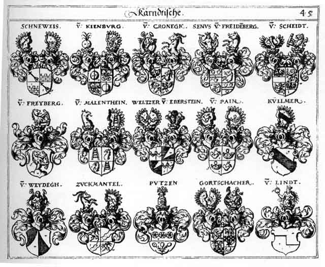 Coats of arms of Cronegk, Freiberger, Freidenberg, Freyberg, Freyberger, Goertschach, Goertschacher, Görtschach, Görtschacher, Kronegg, Kulmer, Lindt, Malenthein, Pain, Putzen, Puzen, Scheidt, Scheidten, Schneweis, Senus, Weltzer, Weydeck, Zuckemantel