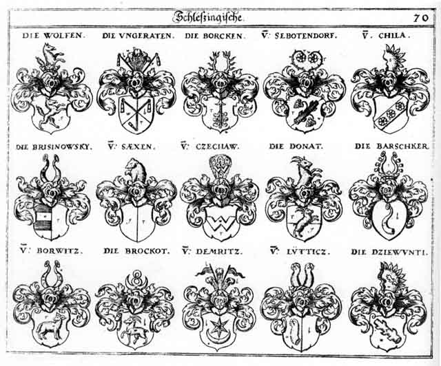 Coats of arms of Barschker, Borchk, Borcken, Borwitz, Briffinowsky, Brockot, Chila, Czechaw, Demritz, Donat, Dziewunti, Lütticz, Saexen, Saxen, Sebottendorff, Ungeraten, Wolff, Wolffen