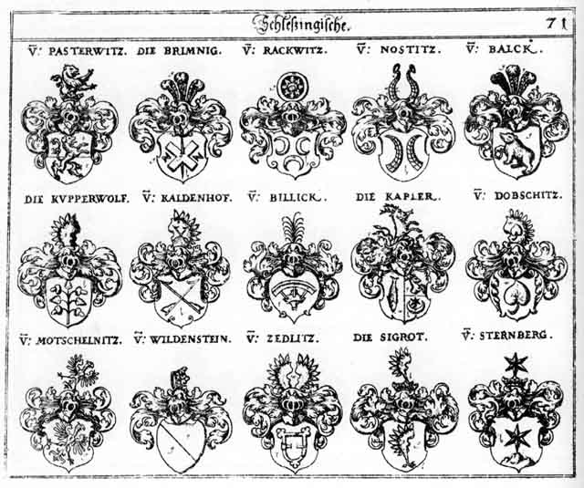 Coats of arms of Balck, Billick, Dobschitz, Kaldenhorff, Kapler, Motschelnitz, Nostitz, Pasterwitz, Rackwitz, Sigrot, Sternberg, Wildenstein, Wildensteiner