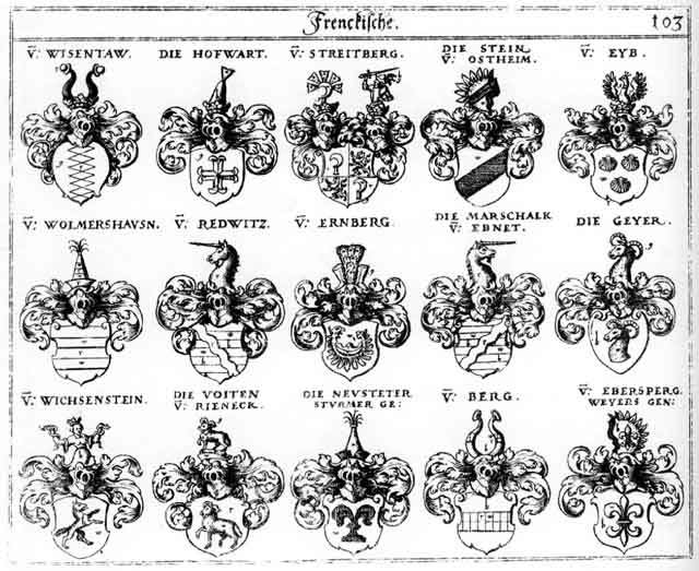 Coats of arms of Berg, Bergen, Bergh, Ebersperg, Ebnet, Ernberg, Eyb, Geyer, Hofwart, Neuenstatt, Neustetter, Redwitz, Stain, Stein, Steine, Streitberg, Streitberger, Stürmer, Vogten, Voit, Voiten, Voyten, WeyerS, Wichsenstein, Wisentau, Wolmershausen