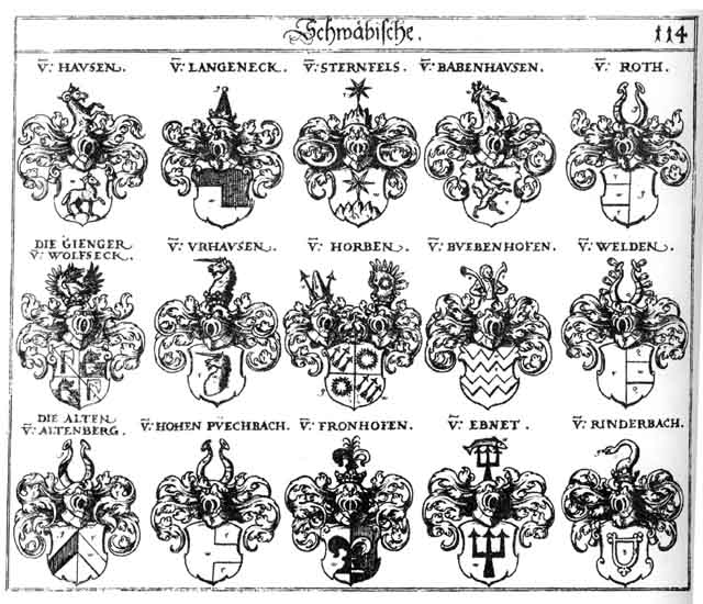 Coats of arms of Aldenberg, Alten, Altenberg, Babenhausen, Buebenhofen, Ebnet, Fronhofen, Gienger, Haus, Hausen, Hohenpüechbach, Horben, Langeneck, Rinderpach, Roden, Rodt, Roten, Roth, Rothen, Rott, Sternfels, Uhrhausen, Urhaufen, Welden