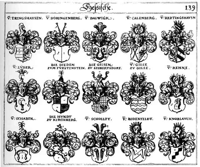 Coats of arms of Biedenseld, Calenberg, Dalwigk, Dieden, Doringenberg, Eringshausen, Gilse, Gilsen, Hertingshausen, Hund, Hundt, Lüder, Rehne, Schaben, Scholley