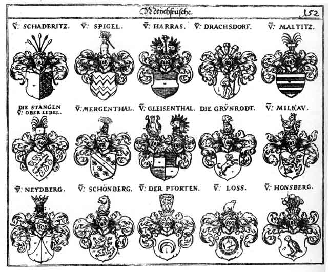 Coats of arms of Drachsdorff, Gleisenthal, Grünrodt, Harrach, Honsberg, Losen, Loss, Maltitz, Mergenthal, Milkaw, Neydberg, Schaderitz, Schönberg, Spiegel, Spigel, Stangen, V der Pforten