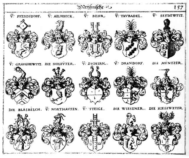 Coats of arms of Aelmbeck, Beer, Behr, Behrn, Bern, Blassbalch, Drandorff, Graughewitz, Holeüfer, Kieseweter, Kisewecker, Münczer, Müntzer, Northausen, Pern, Pferdsdorff, Seydewitz, Steige, Taubadel, Wiesener, Zschirn