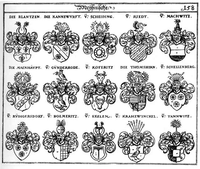 Coats of arms of Blantzen, Bolmeritz, Günderrode, Günterod, Kannenwurfft, Koferitz, Krahewinckel, Machwitz, Maenhaupt, Riedt, Riet, Rüdigersdorff, Ruedt, Scheiding, Schellenberg, Schellenberger, Skelen, Thomshirn