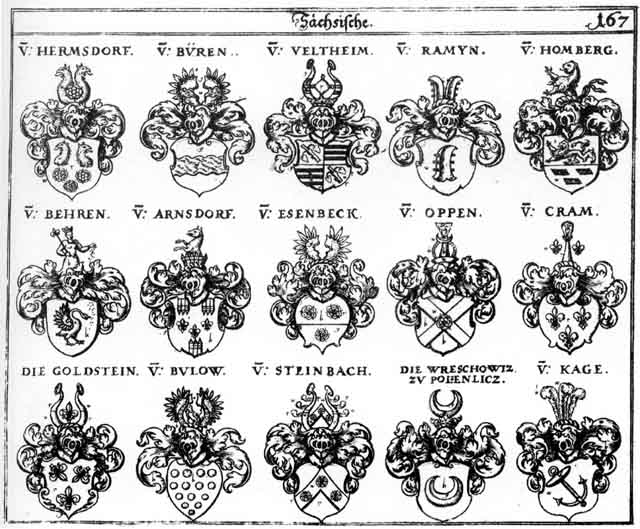 Coats of arms of Arnsdorff, Beer, Behr, Behrn, Bern, Bulau, Bulow, Büren, Cram, Esenbeck, Goldstein, Hermansdorf, Hermensdorf, Kage, Oppen, Pern, Rammin, Ramyn, Steinbach, Wreschowitz