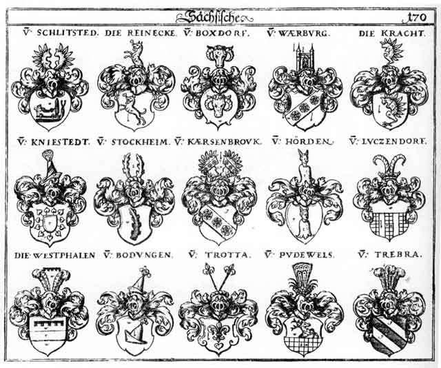 Coats of arms of Bodungen, Boxdorff, Göllnitz, Hörden, Kaersenbrouch, Kärsenbrouck, Kniestedt, Kracht, Luczendorff, Lutzendorff, Pudewels, Reineck, Reinecke, Schlitsted, Stockheim, Throtta, Trebra, Trotta, Waerburg, Westphalen