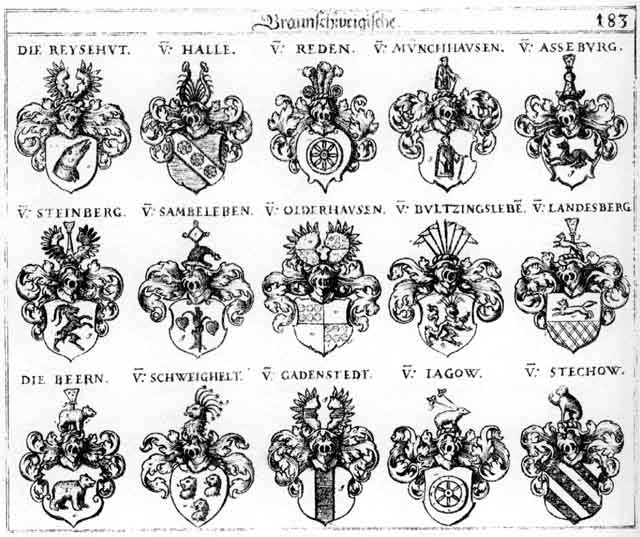 Coats of arms of Asseburg, Beer, Beeren, Behrn, Bulzingsleben, Gadenstedt, Halle, Jagow, Münchhausen, Olderhausen, Perr, Raeden, Rede, Reden, Reysehut, Rheten, Sambeleben, Schweighelt, Stainberger, Stechow, Steinberg, Steinberger
