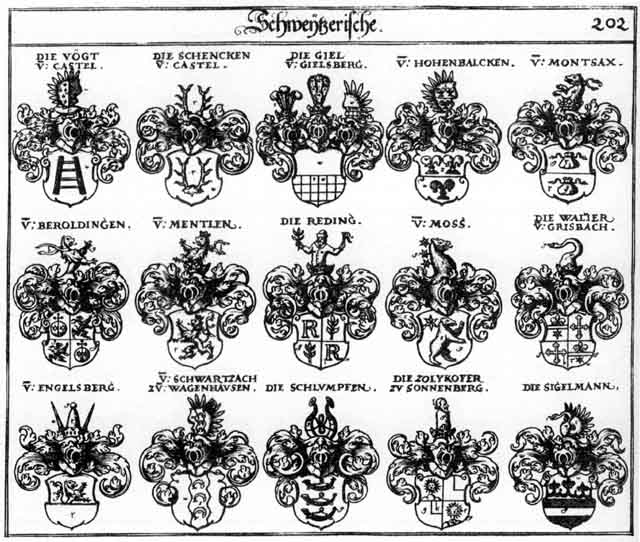 Coats of arms of Beroldingen, Giel, Hohenbalcken, Mentlen, Montsax, Reding, Redinger, Schlumpfen, Schwartzach, Vögt, Vögten, Voiten, Waller, Zolikofer, Zollickkofer, Zolykofer