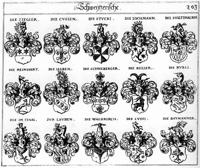 Coats of arms of Baumänner, Cussen, Haben, Holtzhalben, Im Saal, Keller, Lauben, Lochmann, Lussi, Reinhard, Rubli, Schneberg, Schneberger, Schneeberg, Staal, Stahl, Stucki, Waldkirch, Waldkirchen, Zegler, Ziegler
