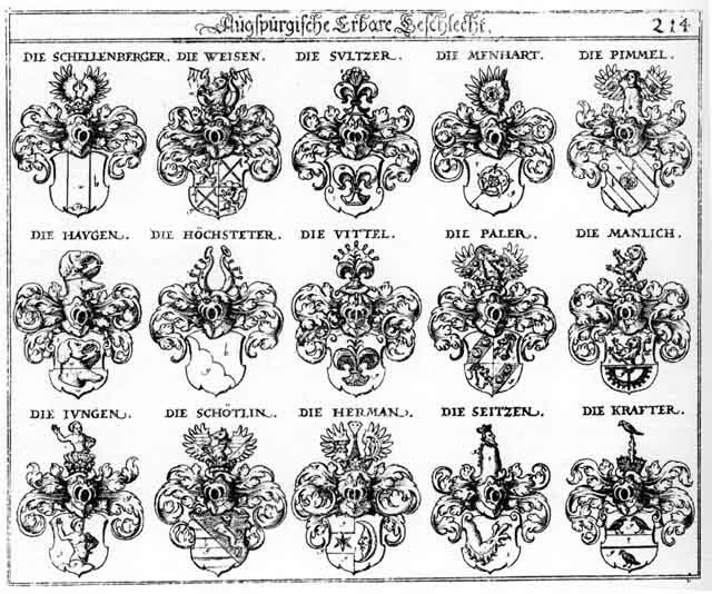 Coats of arms of Haug, Haugen, Hechstotter, Herman, Hochstetter, Hörman, Jung, Jungen, Kraffter, Manlich, Manlichen, Menhart, Paler, Pimmel, Schellenberg, Schellenberger, Schötlin, Seitzen, Seutzen, Sultz, Sultzer, Vittel, Weisen, Weiss, Wessen, Weysen