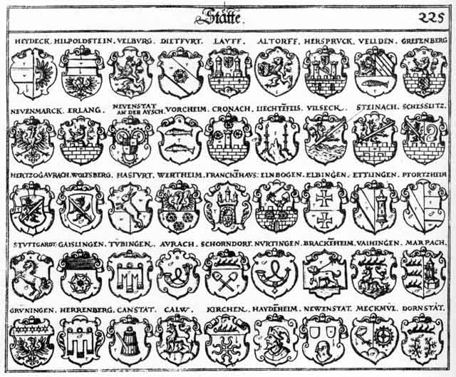 Coats of arms of Altorff, Aurach, Brackenheim, Calw, Canstat, Cronach, Dietfurth, Dornstätt, Elbingen, Elnbogen, Erlang, Ettlingen, Franckenhausen, Gaislingen, Hasfurt, Haydenhaim, Heidenheim, Herrenberg, Hersbruck, Hertzog Aurach, Heydeck, Hilpoltstein, Kirch, Kirchen, Lauff, Liechtenfels, Marpach, Meckmühl, Neuenmarckt, Neuenstatt, Nurtingen, Pfortzheim, Scheslitz, Schorndorff, Steinach, Studtgardt, Tubingen, Vaihingen, Velburg, Veldentz, Villseck, Vorcheim, Wertheim, Wolfsberg
