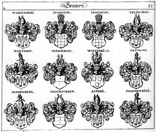Coats of arms of Asperg, Dettnanus, Herrenberg, Hohenberg, Montfort, Phannenberg, Sponheim, Trüchtingen, Veldkirch, Werdenberg, Winsperg