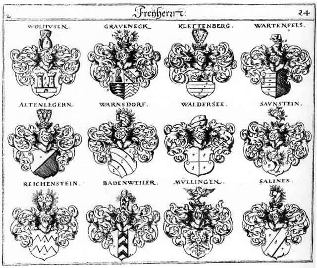Coats of arms of Altenlegern FH, Badenweiler FH, Grafeneck FH, Graveneck FH, Klettenberg FH, Reichenstein FH, Salines FH, Saunstein FH, Waldersee FH, Warnsdorff FH, Wartenfels FH, Wolhusen FH