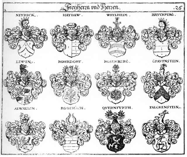 Coats of arms of Alwalden FH, Bruckberg FH, Falckenstein FH, Grafenstein FH, Gravenstein FH, Haydaw FH, Leven FH, Lewen FH, Löwen FH, Querfurt FH, Rodemach FH, Rosenberg FH, Weilheim FH, Weylheim FH