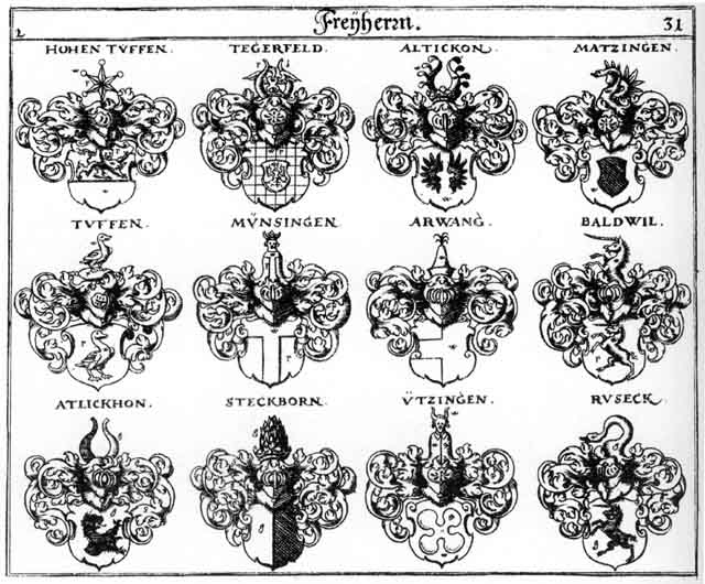 Coats of arms of Altickon FH, Atlickhon FH, Baldwil FH, Hohentüffen FH, Matzingen FH, Münsingen FH, Munzingen FH, Ruseck FH, Steckborn FH, Tegerfeld FH