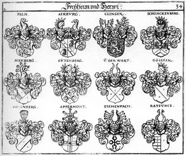 Coats of arms of Aerburg FH, Appermont FH, Eschenbach FH, Goescken FH, Gössken FH, Gütenberg FH, Guttenberg FH, Hasenberg FH, Hassenberg FH, Kienberg FH, Palm FH, Ratzuntz FH, Schenckenberg FH, von der Wart FH, Ward FH, Warth FH