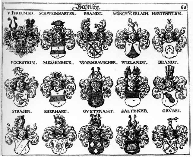 Coats of arms of Brand, Branden, Brandt, Eberhart, Gribel, Grübel, Gueteraht, Hertenfeldn, Messenbeck, Moench, Moenchen, Pfreümbt, Pockstein, Prand, Saltzner, Schweinmarter, Strasser, Wielandt, Wurmrauscher
