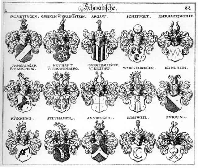 Coats of arms of Annberger, Argaw, Blindtheim, Bosweil, Büren, Burgermeister, Dicissaw, Eberhartzweiler, Greiff, Greiffen, Notthaften, Pürren, Ramsperg, Ramsperger, Rugckling, Rügcksing, Scheffolt, Stethamer, Sulmettingen, Werefelberger