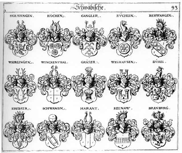 Coats of arms of Berwang, Berwangen, Branburg, Bühel, Gangler, Graser, Holtzingen, Kellnaw, Kochen, Krebser, Kuchlin, Schwanden, Waibling, Waiblingen, Welhausen, Winckelthal
