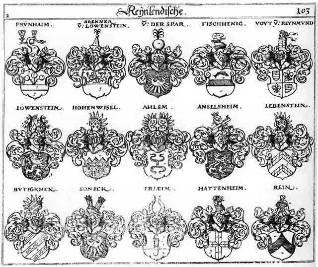 Coats of arms of Ahlem, Anseisheim, Brenner, Butigken, Erlein, Fischhonig, Franckenberg, Hattenheim, Hohenwisel, Lebenstein, Lewenstein, Lewenstein, Loewenstein, Löwenstein, Prenner, Prünheim, Rein, Reine, Rhein, Soneck, vonder Spar, Votten, Voyten
