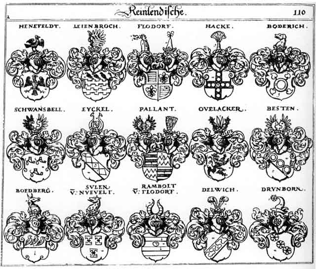 Coats of arms of Beesten, Besten, Boderich, Boedberg, Delvich, Drynborn, Eyckel, Flodorff, Hack, Hacken, Hackhen, Hagken, Henefeldt, Leienbroch, Ovelacker, Pallant, Rambott, Schwansbell, Sulen