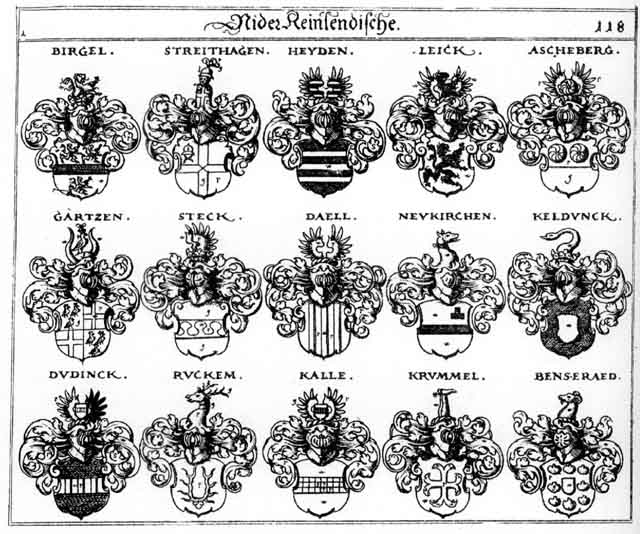 Coats of arms of Ascheber, Benseraed, Birgel, Daëll, Duding, Gaertzen, Gärtzen, Kall, Kalle, Keldunck, Krummel, Krymmele, Leick, Neukirchen, Newkirchen, Pirckel, Ruckem, Steck, Streithagen, Tudingen