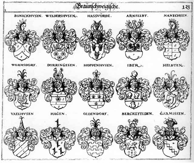 Coats of arms of Arnfeld, Berckefelden, Bonickhusen, Dorringesen, Garmissen, Hagen, Haggen, Hagn, Hassvörde, Helden, Hoppenhusen, Iber, Nanechsen, Oldendorf, Schönenburg, Vaelhusen, Weldershusen, Wormsdorff