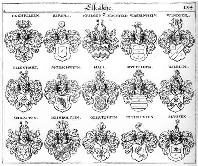 Coats of arms of Berer, Ellenhart, Hall, Hochfelden, Kelblich, Kriechen, Kriegen, Krygen, Mörschwein, Obertzheim, Rittenhofen, Schlappen, Seuss, Seussen, Waselnheim, Windeck