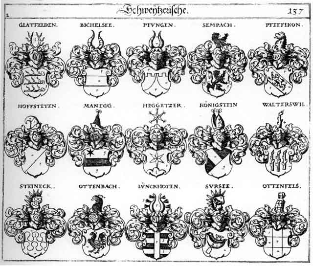 Coats of arms of Bichelsee, Buchelfee, Glatfelden, Heggetzer, Hofstetten, Koenigstein, Königstein, Lünckhofen, Manegg, Ottenbach, Ottenfels, Pfeffikon, Pfungen, Sempach, Steineck, Sursee, Waltersweil