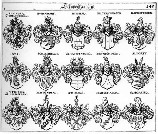 Coats of arms of Altdorff, Altendorff, Altorff, Brünighofen, Bubendorff, Buobendorff, Dachfelden, Eptinger, Geisrieben, Gelterchingen, Irmy, Kinden, Riehen, Schawenburg, Schilling, Schlierbach, Schörlin, Utingen, Uttingen, Zerkinden