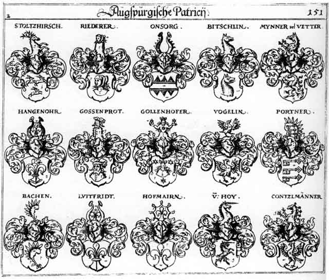 Coats of arms of Bach, Bachen, Contzelmänner, Gollenhofer, Gossenbrod, Hangenohr, Hofmairn, Hoy, Hoye, Luitfriedt, Mynner, Oonforg, Pach, Portner, Riederer, Stoltzhirsch, Vetter, Vettern, Vogelin, Vöttern