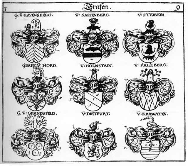 Coats of arms of Dietfurth, Grundsfeld, Hegi, Holnstein, Hord, Krawatten, Ravensperg, Saffenberg, Steibein
