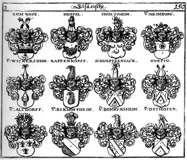 Coats of arms of Altdorff, Altenderff, Altorff, Bischoffsheim, Bummersheim, Heimburg, Heimburgk, Hüsfel, Onefio, Osthofen, RappenKopf, Schurpfensack, Sigottsheim, Wickersheim, zum Wege