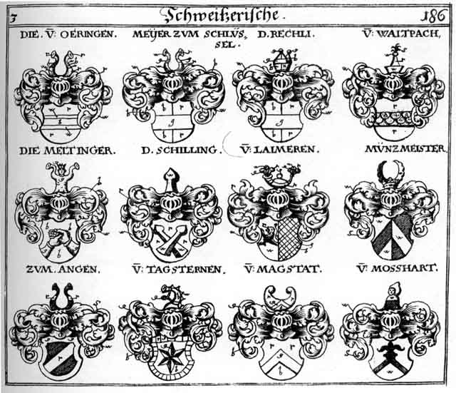Coats of arms of Laimeren, Magstat, Majer, Mejer, Meltinger, Meyer, Mosshardt, Müntzmeister, Oeringen, Rechli, Waltpach, zum Angen