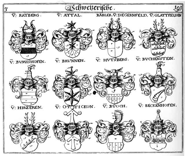 Coats of arms of Atal, Attal, Bäbler, Baebler, Beckenhofen, Brunn, Brunnen, Buchenstein, Buck, Bümishofen, Buoch, Glatfelden, Hirtzeren, Hutsberg, Ottiekon, Puchestein, Ratberg