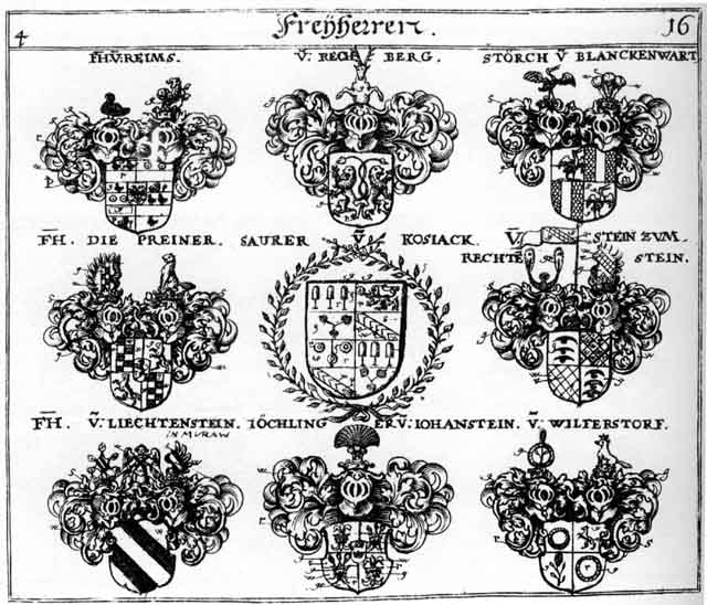 Coats of arms of Jöchlinger FH, Joechlinger FH, Lichtenstein FH, Liechtenstain FH, Rechberg FH, Reims FH, Saurer FH, Sinon, Stein FH, Störch FH, Wilffersdorff FH