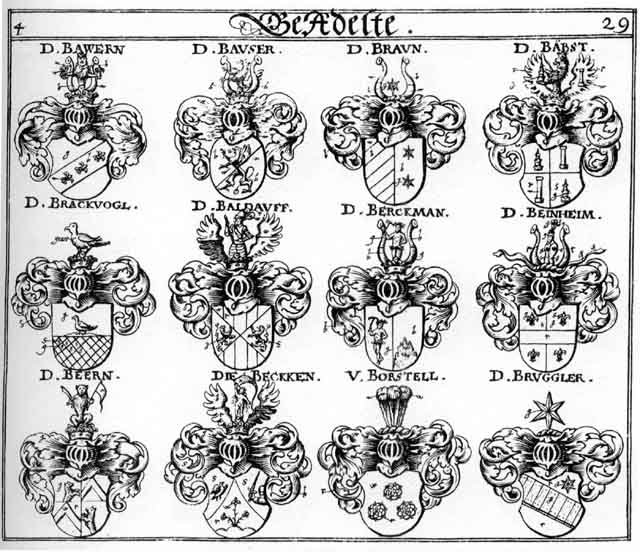 Coats of arms of Baldauff, Bauer, Bauren, Bauser, Bauwern, Bawern, Beck, Becken, Beer, Beeren, Behrn, Beinheim, Berckmann, Borstel, Borsteln, Brackvogel, Braun, Braunen, Bruggler, Pauern, Pecken, Perr