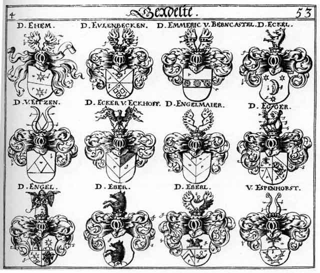 Coats of arms of Eber, Eberl, Eckel, Ecker, Egger, Egkher, Ehem, Eitzen, Emmeric, Engel, Engelmair, Engl, Espenhorst, Eulenbecken, mayer