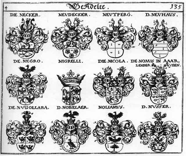 Coats of arms of Necker, Negro, Neutperg, Nicola, Nigrelli, Nobelaer, Noliamus, Nomis, Nusser, Nuvallara