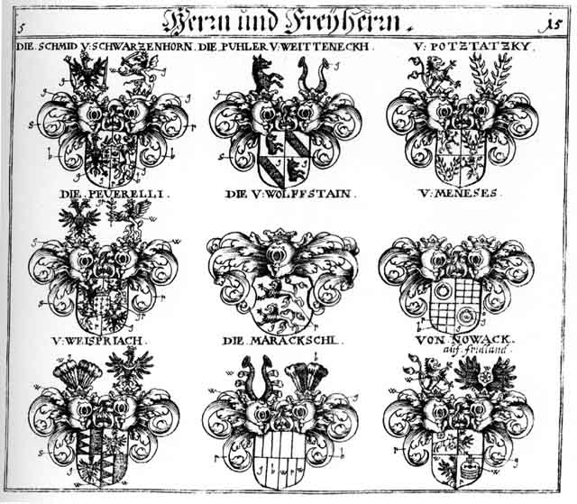 Coats of arms of D09 Weispriach, FH, Marackschl FH, Meneses FH, Nowack HF, Peverelli FH, Pozcatsky FH, Pühler FH, Schmidt F H, Weislandt I, Wolfstein FH
