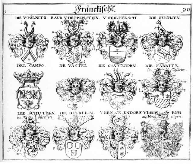 Coats of arms of Bauer, Bauren, Bauwern, Benckendorff, Campo, Del Campo, Deuerlein, Deurlein, Fabritz, Feilitsch, Fuchs, Fuchsen, Landreg, Paelnitz, Pauern, Pommer, Schützen, Vastel, Walterfläten