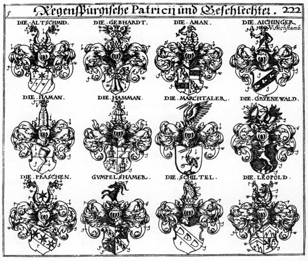Coats of arms of Aichinger, Altsehmidt, Aman, Amman, Gebharden, Grüenenwald, Gryenenwald, Gumpelshamer, Haman, Hamman, Marchtalen, Praschen, Schiltel
